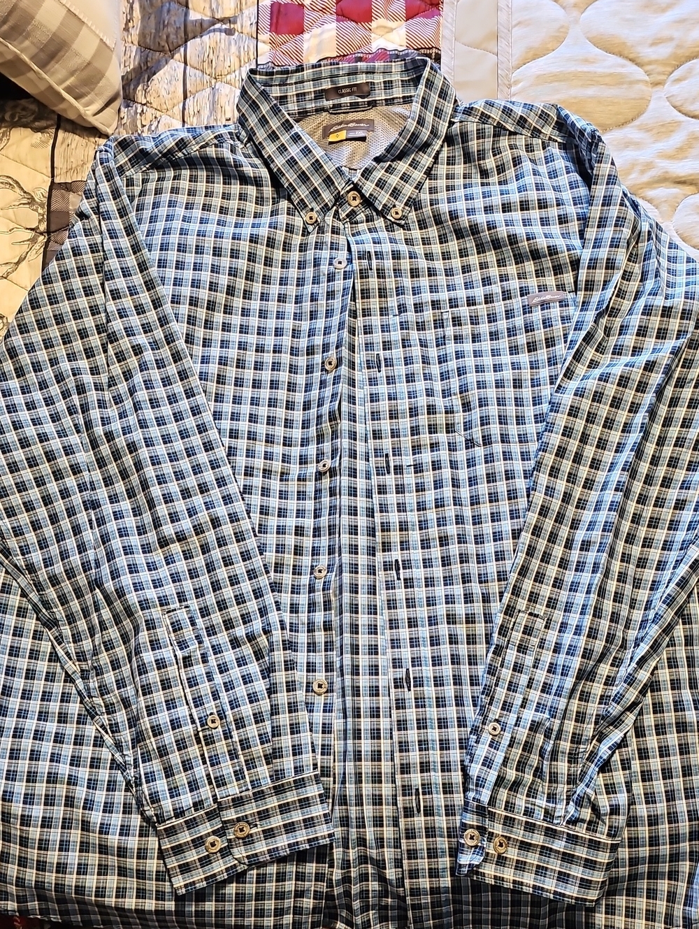 Eddie Bauer Men's Blue and White Plaid Button-Down Shirt